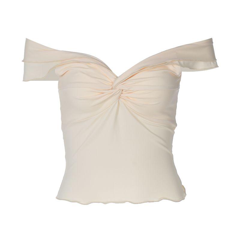 

Модный топ с V-образным вырезом, эластичной сборкой, пэчворком и открытым животом Apricot Tops S