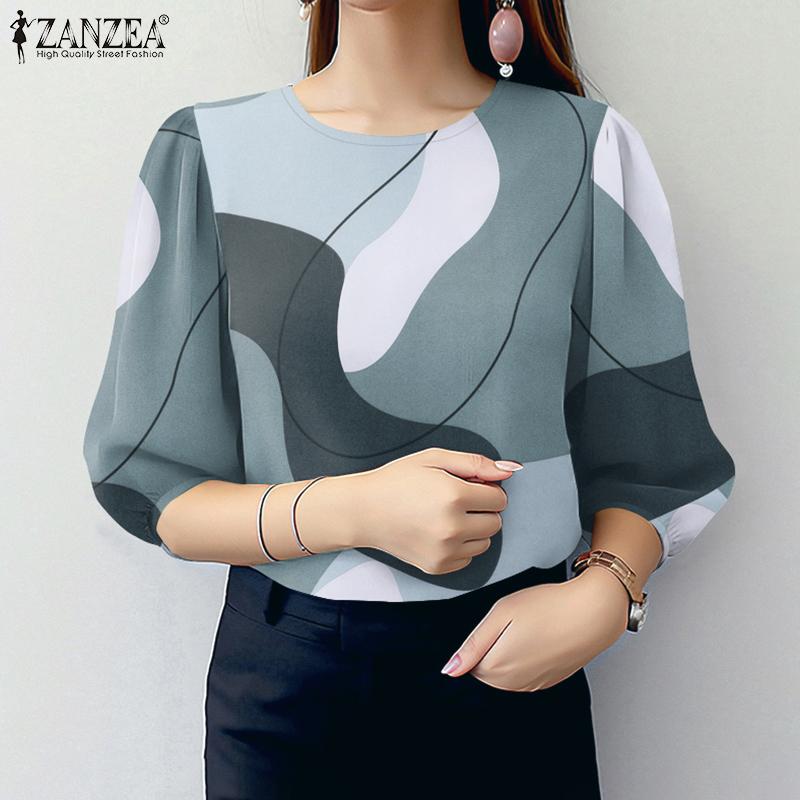 ZANZEA Women Casual Round Neck 3/4 Sleeve Loose Print Blouse