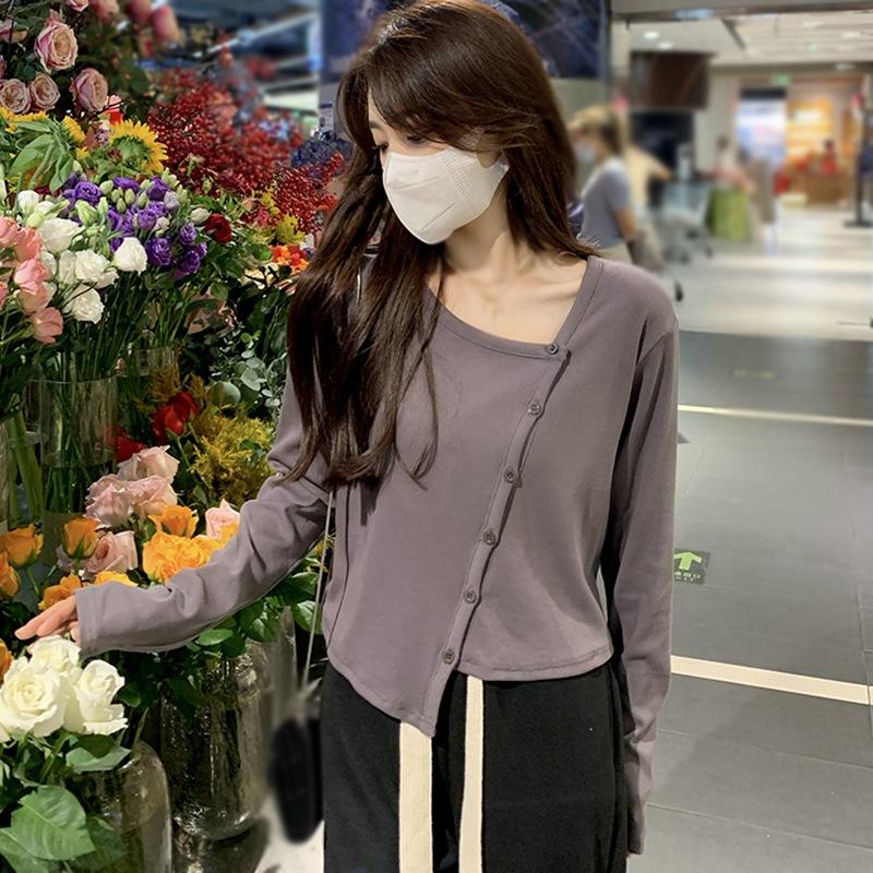 

Женская рубашка с нерегулярными пуговицами, свободные однотонные футболки с длинными рукавами, повседневная футболка, топ XL