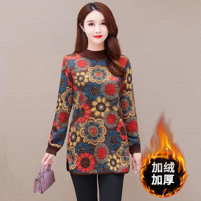 

Compound fleece thickened winter wear middle-aged and elderly long-sleeved T-shirt mother wear stomach cover foreign gas top women s bottoming shirt M