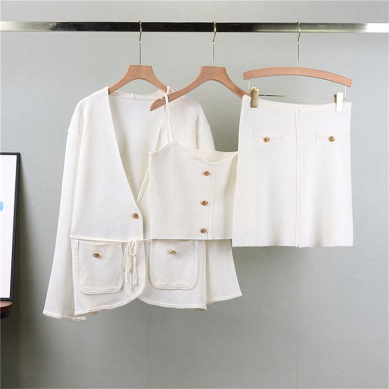 Spring Women's Knitted Long Sleeved Cardigan Jacket Sexy Camisole Short Skirt Fashion Three Piece Set