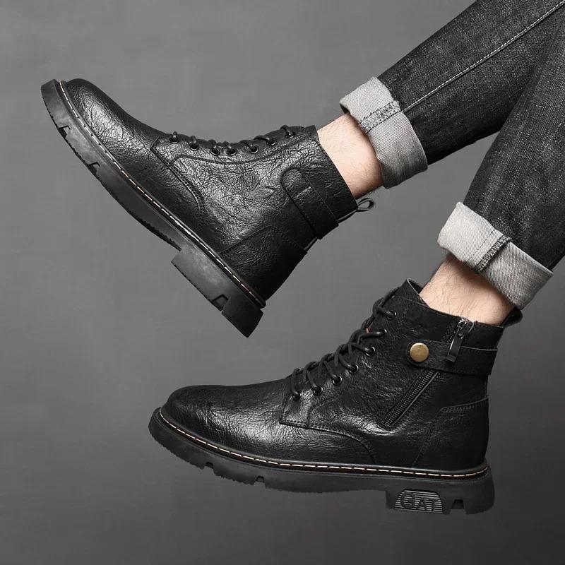 2024 New Men's Genuine Leather Boots High-top Mens Work Shoes Plus Velvet Warm Non-slip Fashion Trend Motorcycle Boots for Men