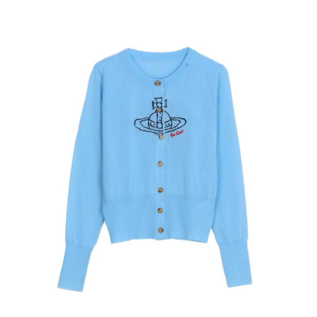 Women's Saturn Embroidery Slim Fit Long Sleeve Linen Cardigan - Versatile Spring/Autumn Knitwear
