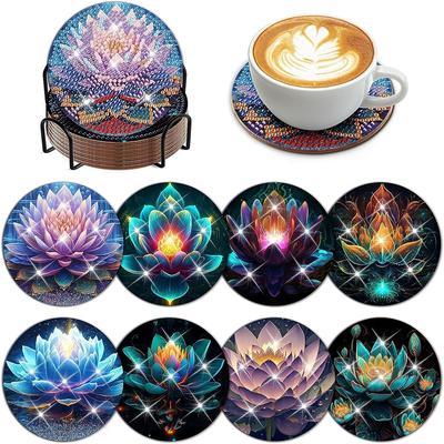 8 pezzi/set di sottobicchieri con motivo a loto dipinti a diamante con staffe, sottobicchieri fai da te per principianti e adulti, regali di forniture per arte e artigianato