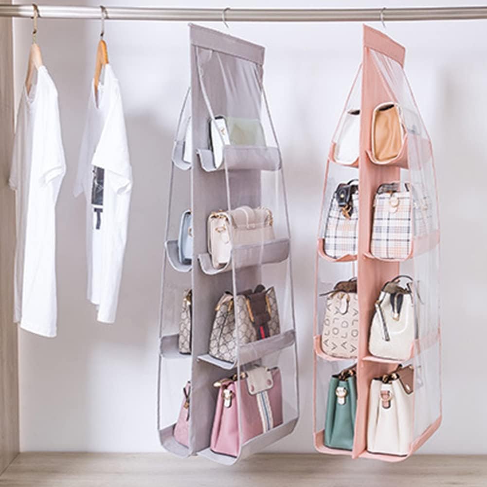 2pcs 8 Pockets Hanging Purse Handbag Organizer Clear Hanging Shelf Bag Collection Storage (Pink*2)