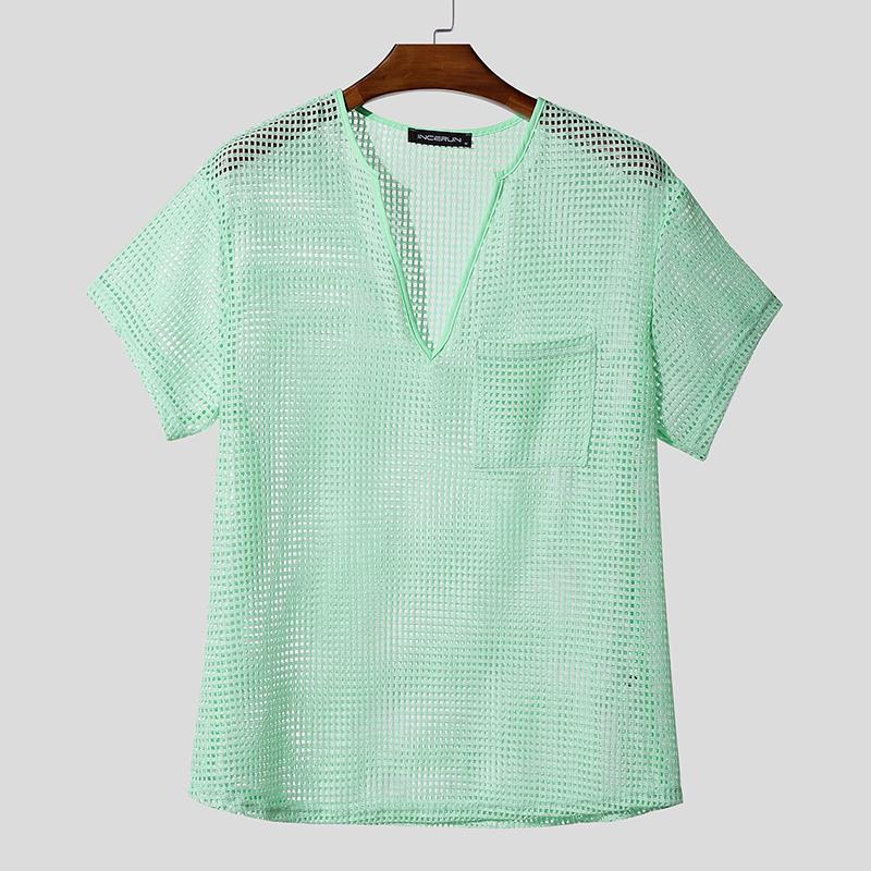 

INCERUN Мужские футболки с коротким рукавом, сетчатые, прозрачные, с вырезами, пляжные топы M зелёный