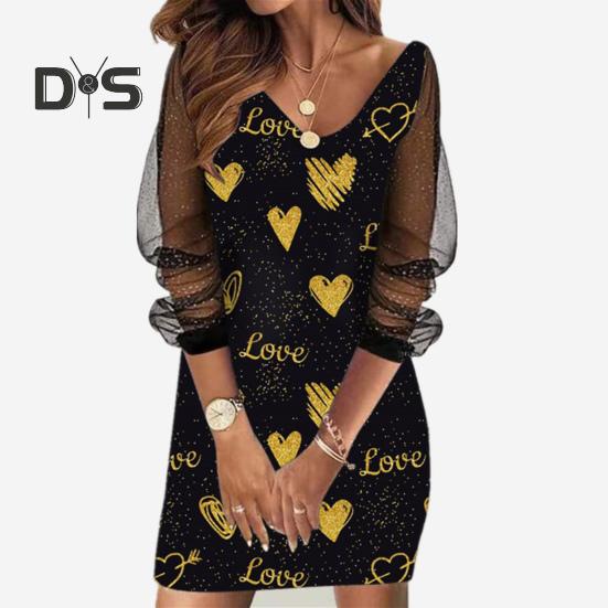 Fall Spring Women Dress Shiny Sequin See Through Mesh Patchwork A Line Crew Neck Plus Size Loose Long Sleeve Letter Print Above Knee Length Mini Dress