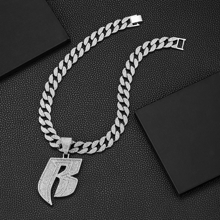Men's Hip-Hop Punk Style Diamond Letter B Pendant with 15mm Cuban Chain Necklace