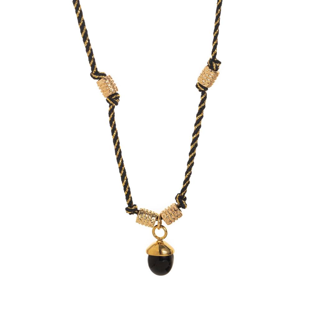 Stainless Steel Half-circle Natural Stone Acorn Pine Cone Pendant Necklace with Hand-knotted Rope Jewelry for Women.