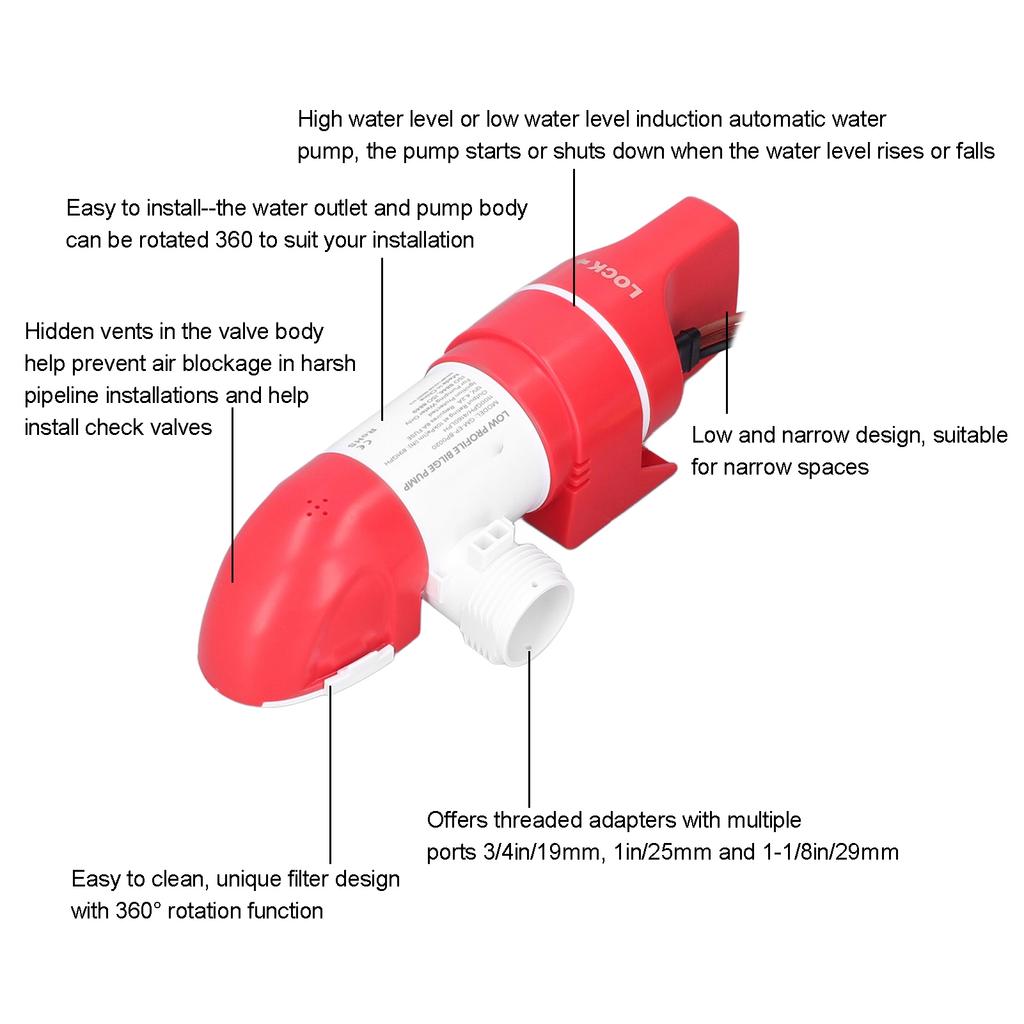 Lavprofil Lensepumpe 1100GPH/4160LPH Elektrisk Automatisk Rustfritt Stål DC12V 360° Rotasjon for Båter