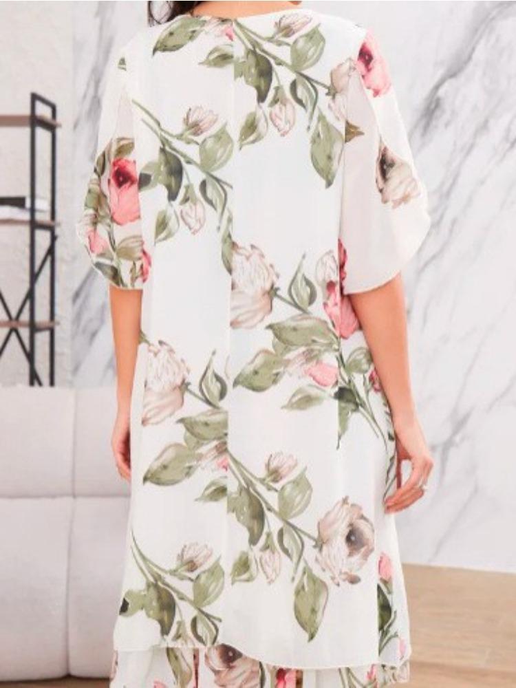 Women Loose Round Neck Fashion Pearl Chiffon Print Dress Lightweight Breathable Elegant Versatile