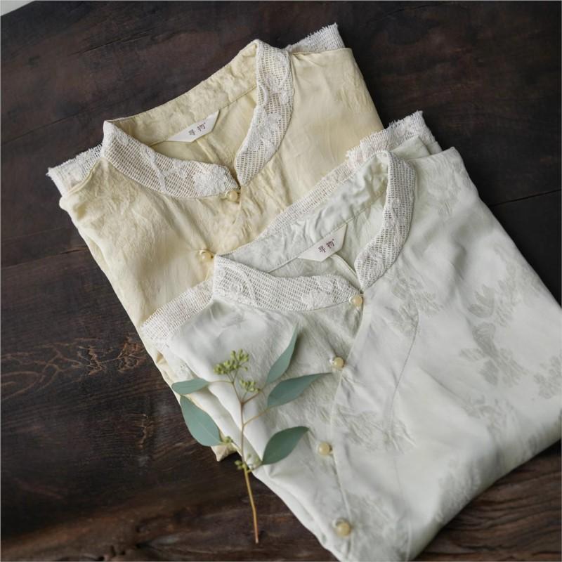 Johnature Camicie Jacquard Vintage da Donna Camicie Stand a Sette Maniche Primavera Bottoni Stile Cinese Camicie Morbide di Alta Qualità