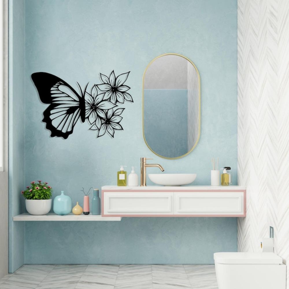 Black Metal Butterfly Flower Wall Art, Textured Steel Decor