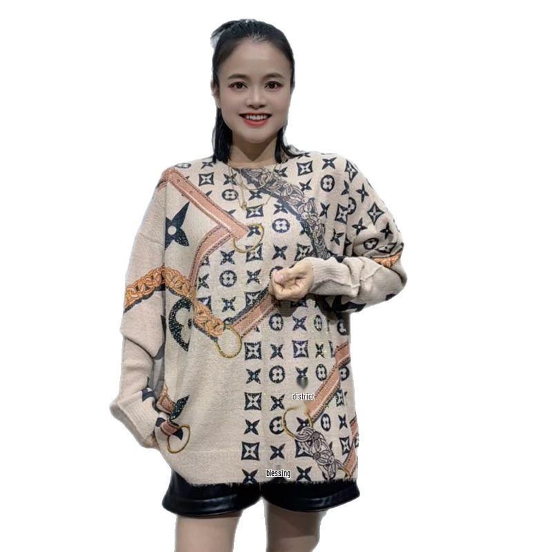 Women's Rhinestone-Embellished Loose-Fit Knit Top, Plus Size, Tummy-Concealing, Slimming, Convertible as Outerwear Round Neck Sweater