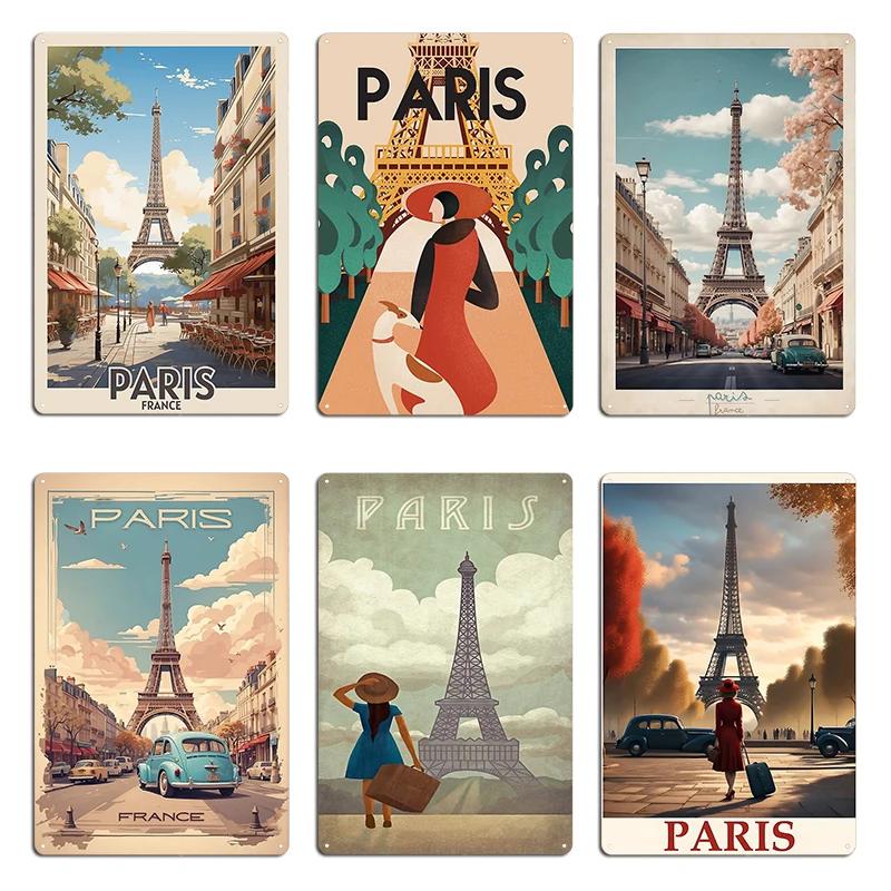 Retro Vintage Paris Poster with Eiffel Tower Parisian Elegance Metal Plaque Club Wall Decor Pub Designing Tin Sign Poster
