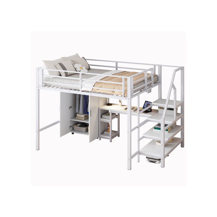 Hochbett - MUVOE - 140x200cm - Weiß - Integrierter Schreibtisch - Schrank und Regale inklusive