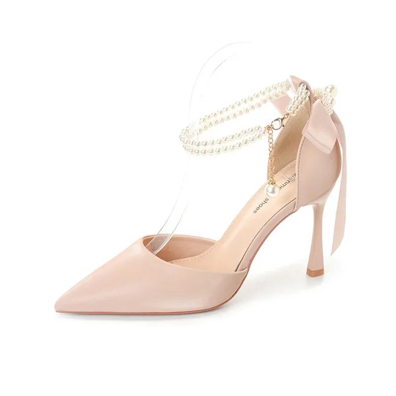 Fashion Women Summer High Heels Sandals Lady Pointed Toe Stiletto Butterfly Knot Pumps Fashion Pearl Buckle Strap Wedding Bridal Shoes