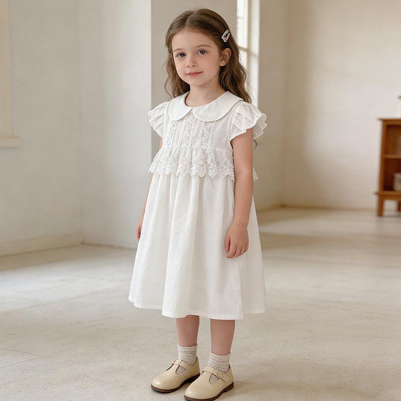 Girls' Korean Style White Flutter Sleeve Cotton Dress - Summer New Arrival Princess Dress