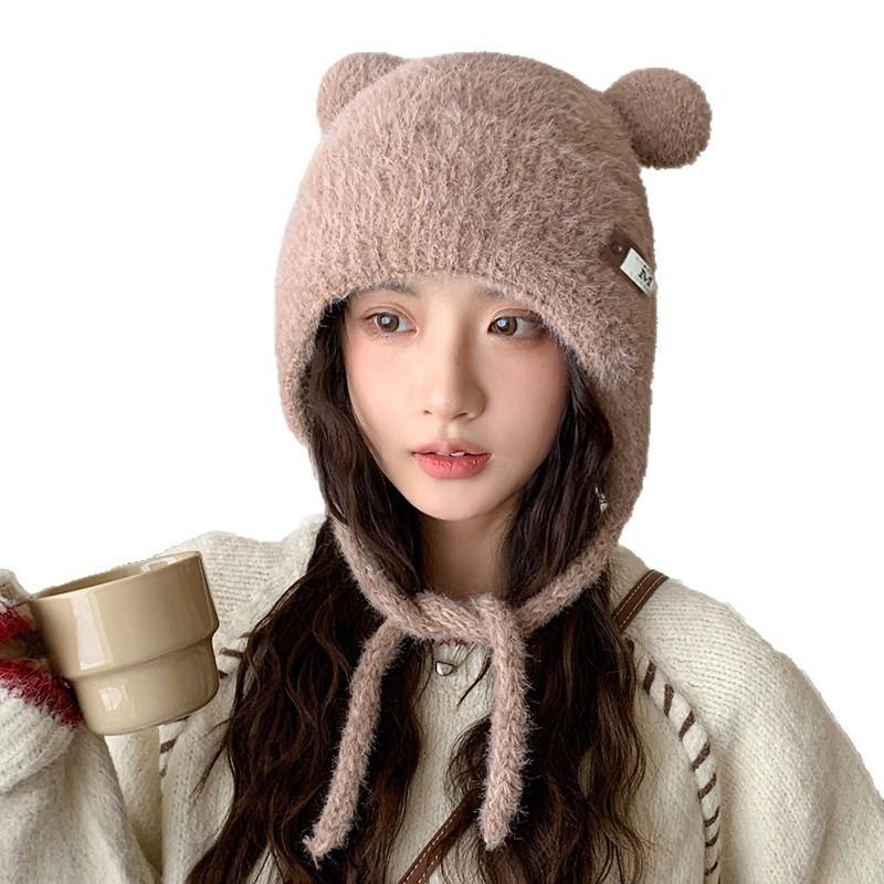 Autumn and Winter Warm and Cold Hat Big Head Circumference Showing Face Small Knitted Hat Cute Plush Bear Ears Warm Lei Feng Hat for Women