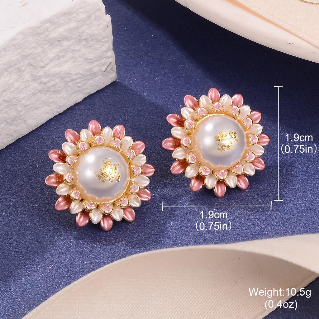 Aesthetic French Retro Enamel Flower Stud Earrings Monet Garden Oil Painting Antique Pearl Oil Dripping Silver Needle Earrings Women
