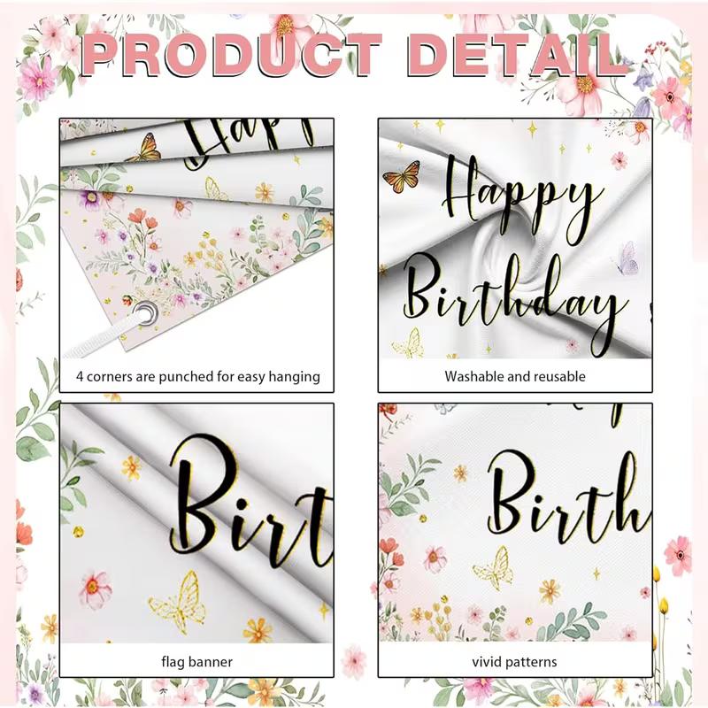2D Floral Butterfly Happy Birthday Backdrop, Pink Flower Party Photography Background Cloth