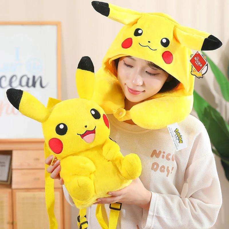 Pikachu Hooded U-shaped Neck Pillow Neck Pillow With Cap Traveling Car Pikachu Backpack Travel Neck Pillow
