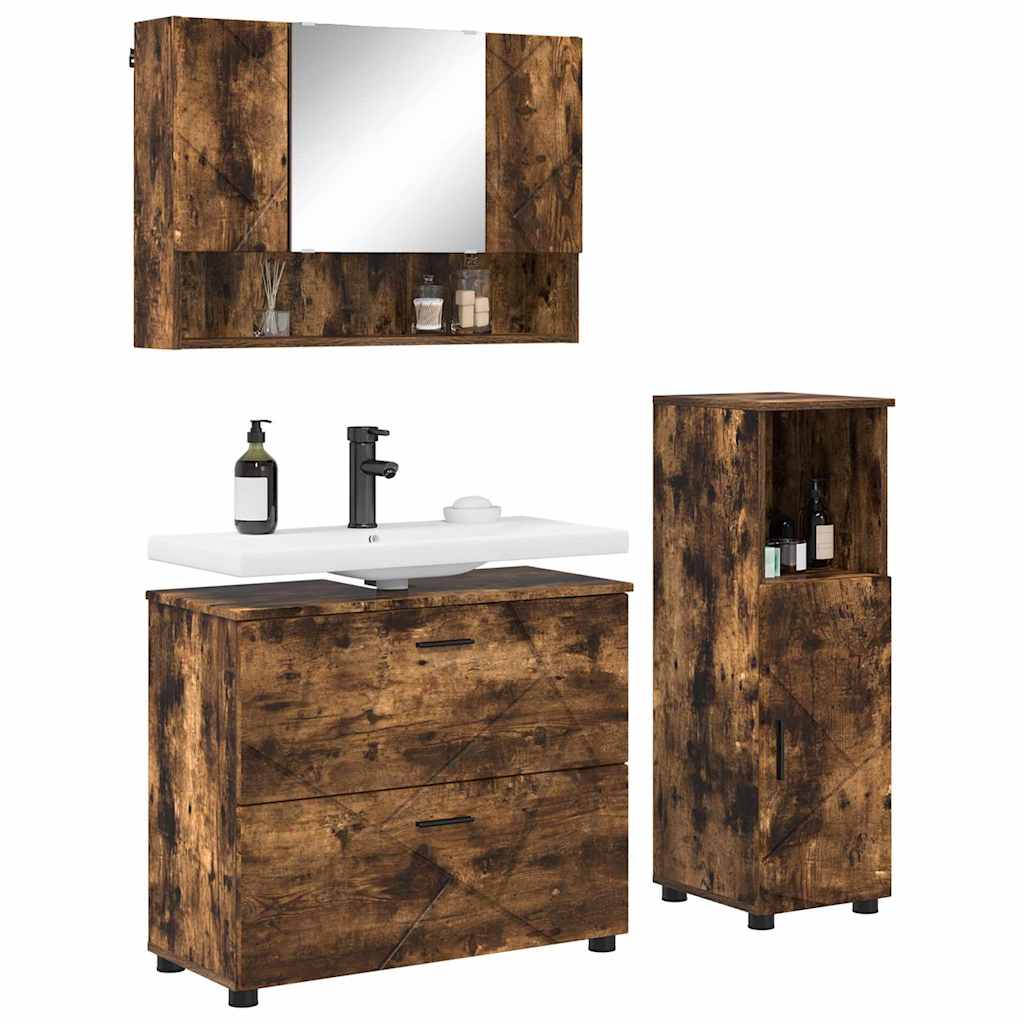 Bathroom Furniture Set 3 Pieces Smoked Oak Plywood and Metal