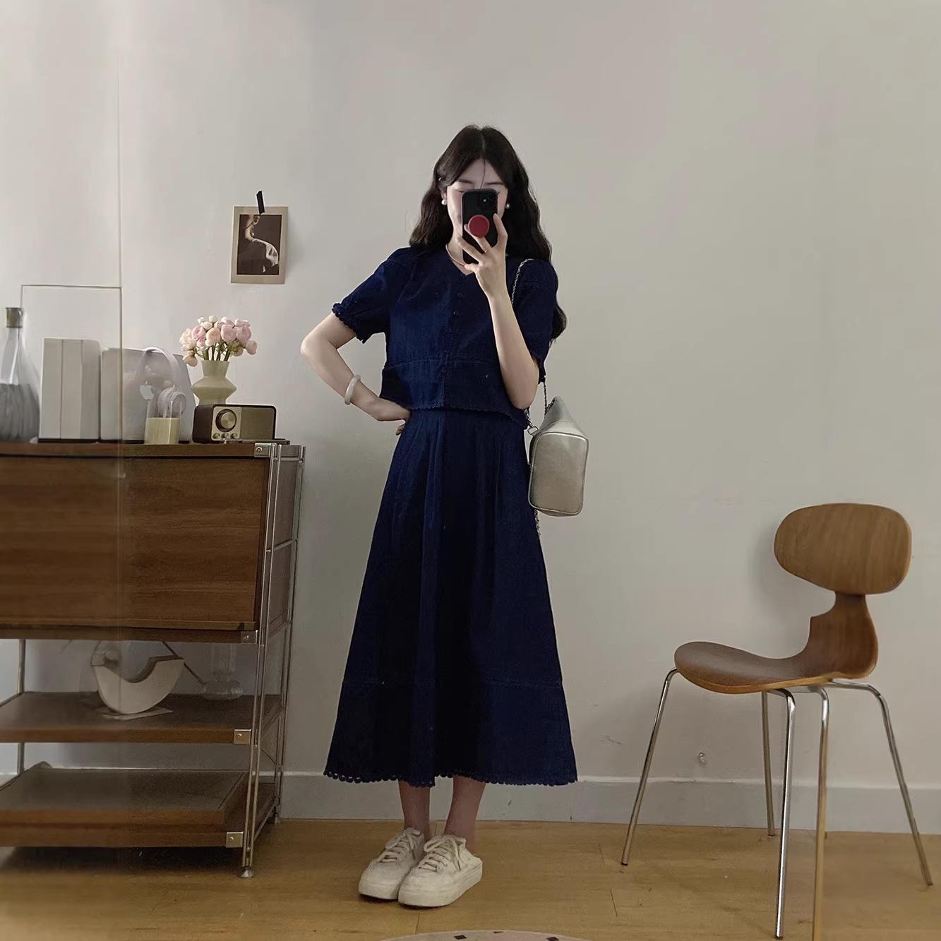 

2026 Summer Plus Size Retro Denim Short-Sleeve Cardigan and Skirt Set 3XL