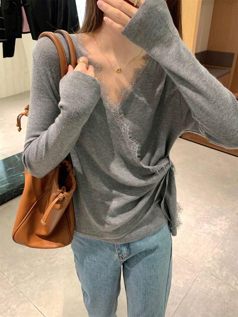 Korean Style Patchwork Lace Waist-Hugging Irregular Knit Top for Women