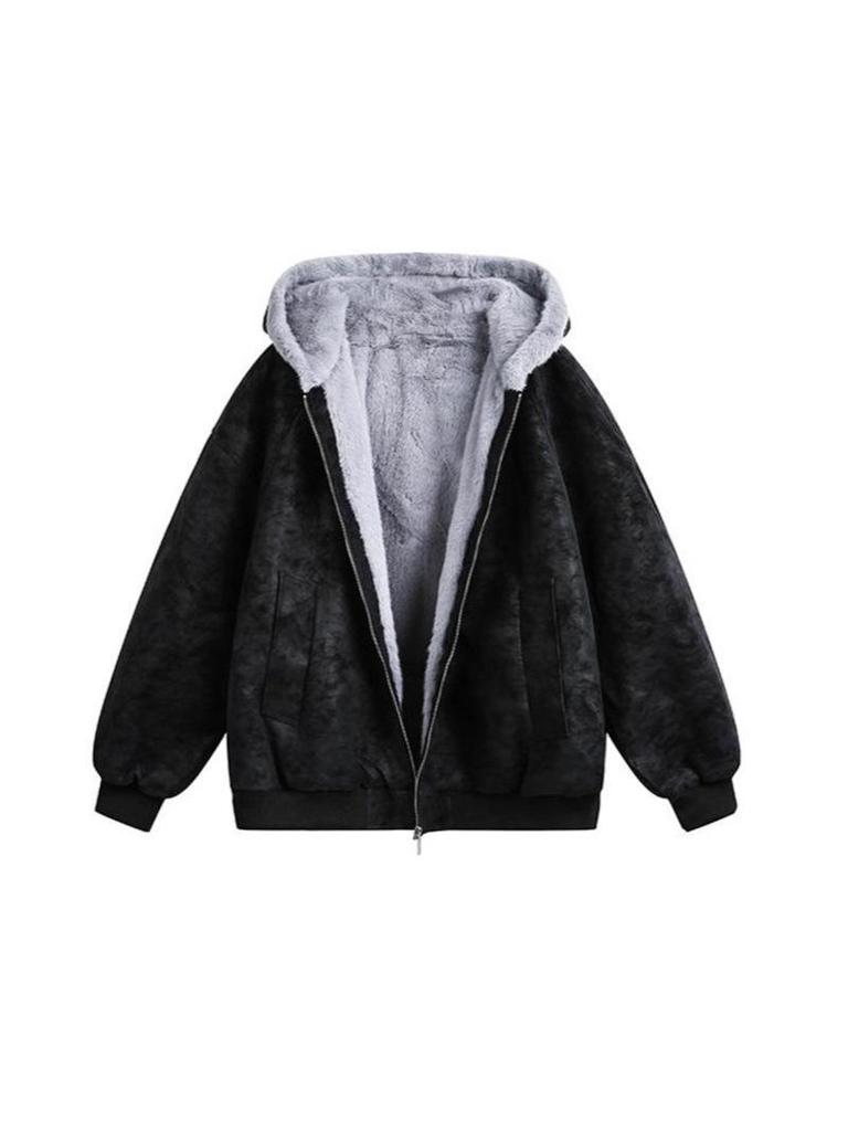 Unisex Lychee Pattern Heavy-Duty Hooded Leather Jacket with Fur Collar - Thickened Winter Coat