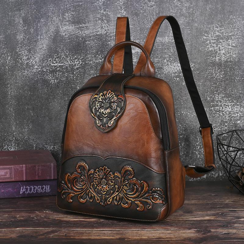 Johnature Embossed Vintage Backpack Versatile Women's Leather Bag Large Capacity Travel Backpacks