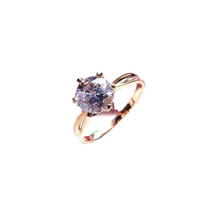 Purple Gold Zircon Ring, Simple Diamond-Set Wedding Ring, Rose Gold-Plated 6-Claw Adjustable Ring.