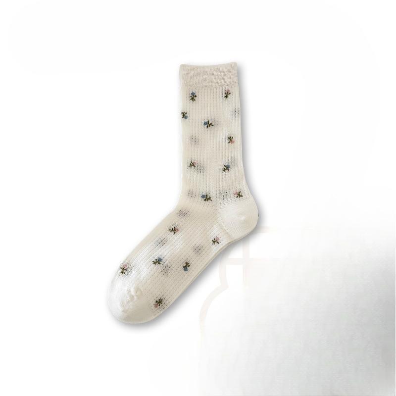

Свежие и нежные цветочные носки для женщин на весну и лето, с ажурными хлопковыми носками до середины икры и махровыми носками 1 pair белый