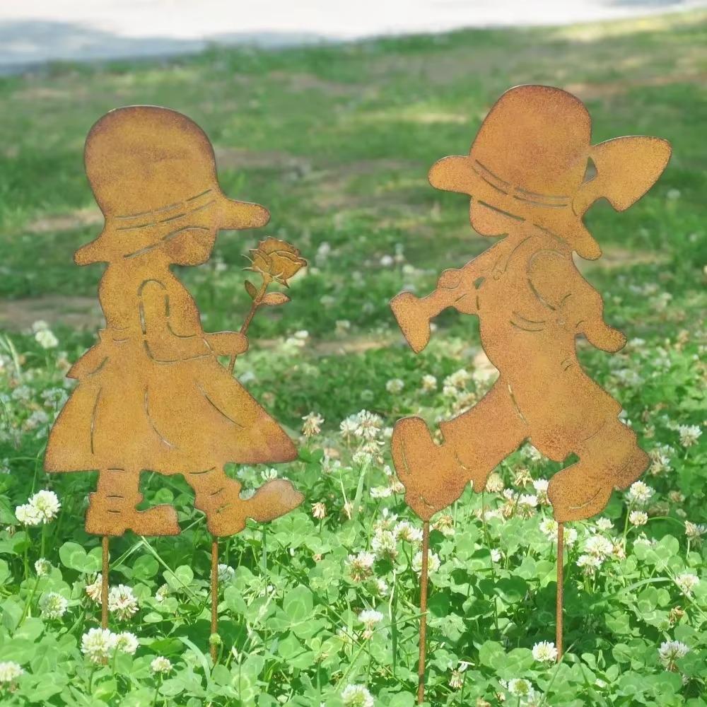 Iron Art Garden Stake Set Pieces Featuring Little Girls and Boys Perfect for Enhancing Your Garden Decor with Playful Style