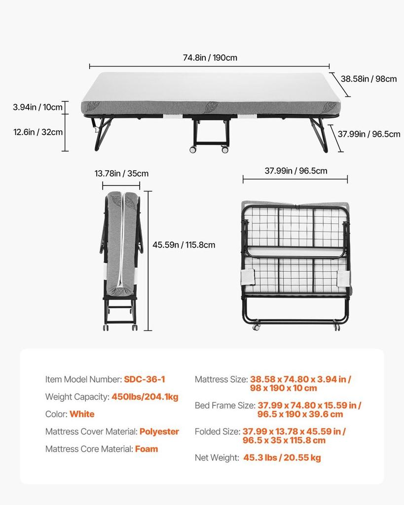 Rollaway Bed Folding Bed with 4 In Foam Mattress for Adults and Guest