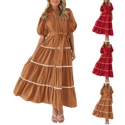 Women's Fashionable Solid Color Striped Bubble Sleeve Dress