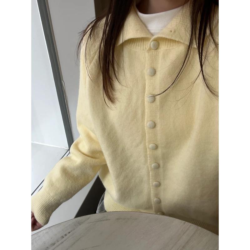 Milk yellow age-reducing dopamine knitted top cardigan women's autumn and winter single-breasted lapel shoulder sleeve sweater jacket