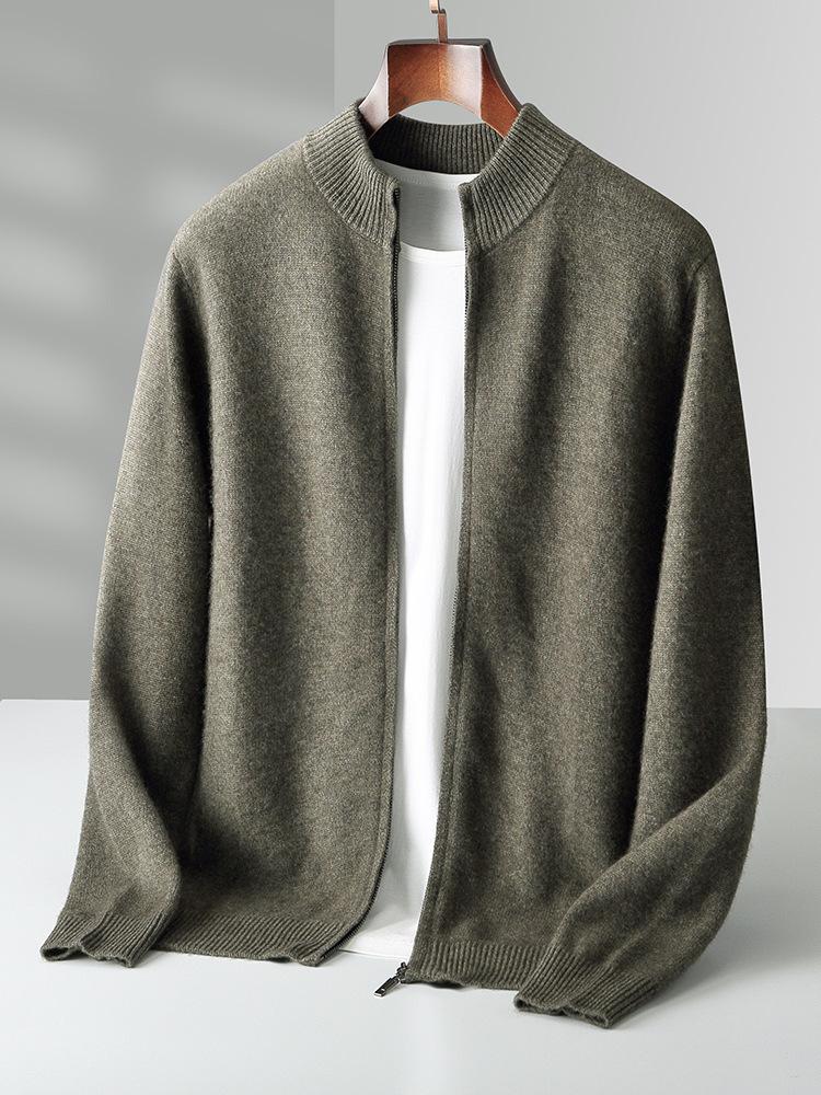 Men's Versatile Stand-Up Collar Cashmere Wool Cardigan - Long-Sleeve, Thickened Knitted Coat for Autumn and Winter