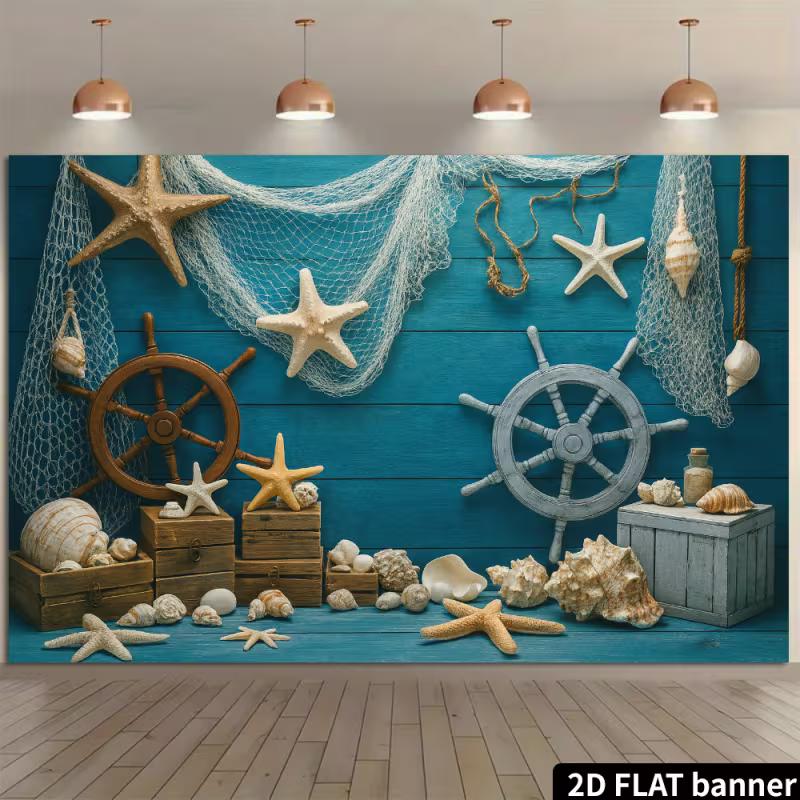2D Nautical Starfish Seashell Backdrop - Blue Wood Wall Photography Background Banner for Summer Party