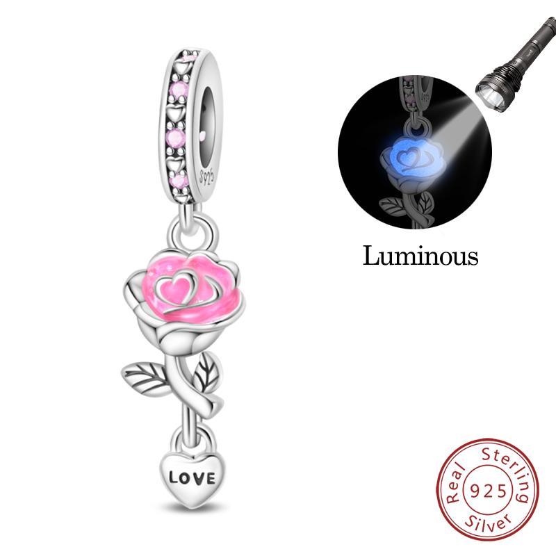 Copper Pink Love Series Charm Love Cube Little Bear Luminous Pendant Fit Original Bracelet Romantic Wedding Jewelry