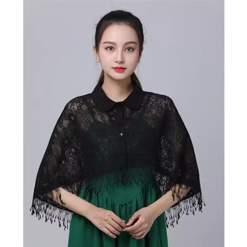 

Женский летний кружевной кардиган-накидка и накидка-чонсам, солнцезащитная шаль One Size чёрный