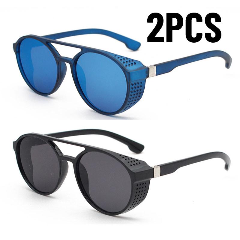 2pcs/Classic Men Gothic Steampunk Sunglasses Men Women Brand Designer Eyewear Retro Round Sun Glasses UV400 Gafas De Sol