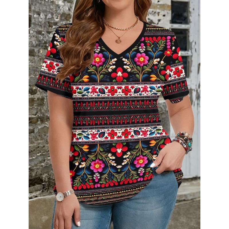 Summer Ethnic Style Floral 3D Print T-Shirts Women's V-Neck Short Sleeve T Shirt Y2k Harajuku Tees Casual Tops Female Clothing