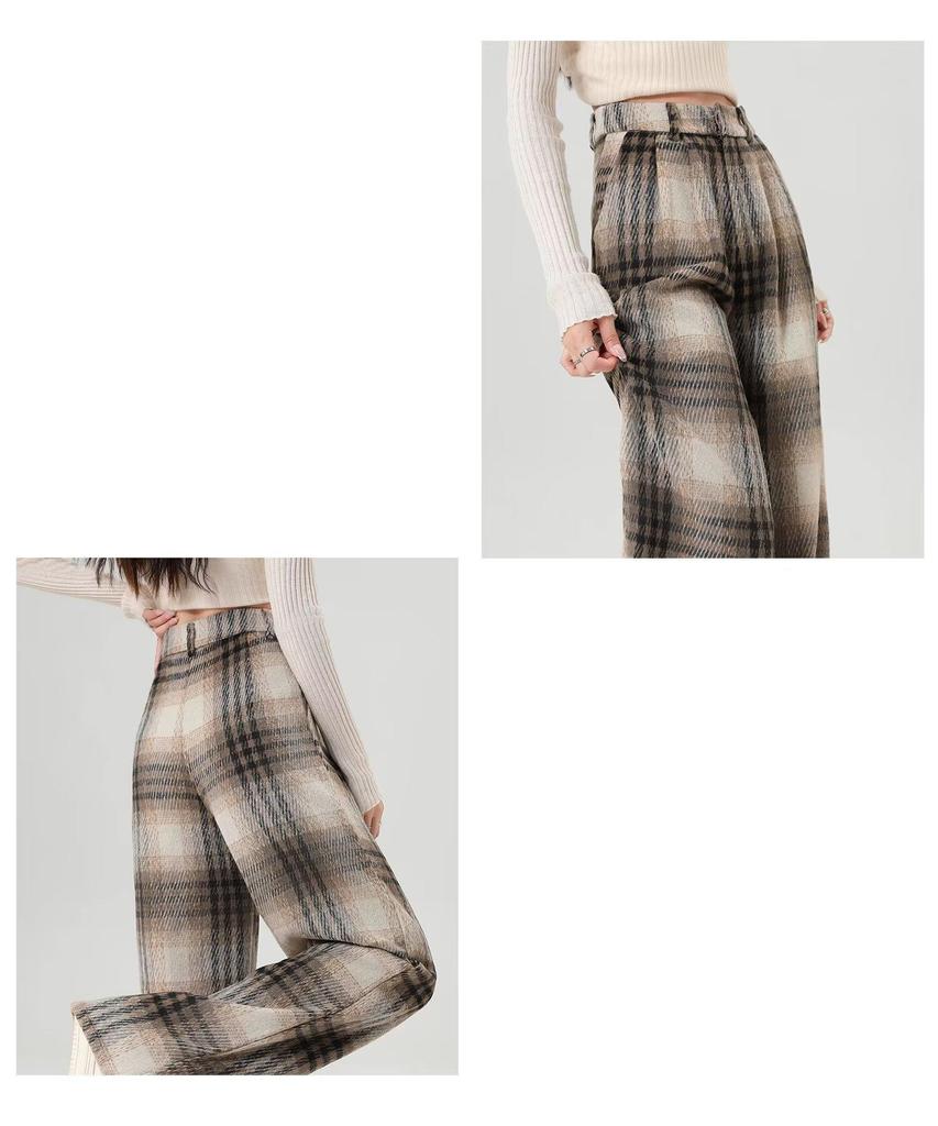 Women's Retro Black & White Plaid Wool Blend Wide-Leg Pants: Fleece-Lined, Thickened, Loose Fit for Autumn/Winter Casual Style.