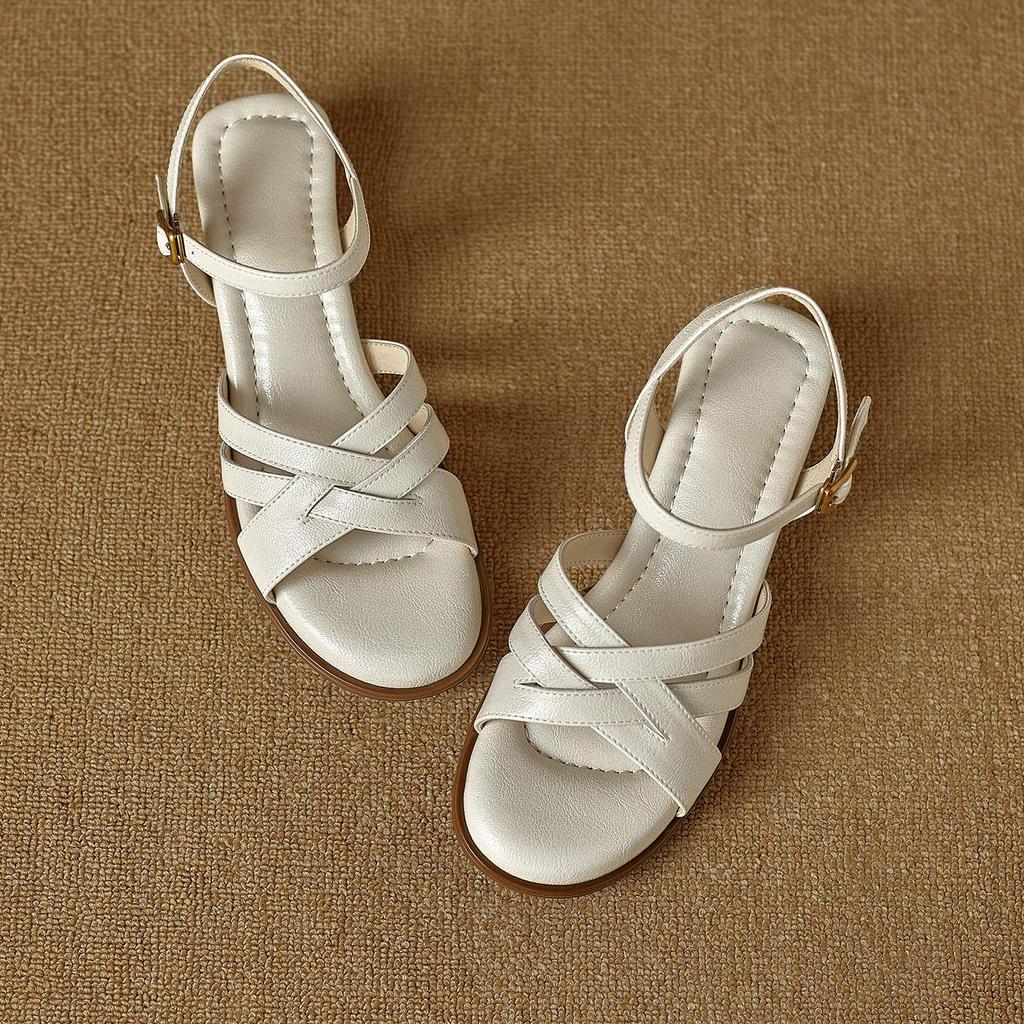 Krazing Pot Cow Skin Thick Med Heels Peep Toe Summer Size 42 Brand Shoes Street Wear Gladiator Elegant Women Sandals