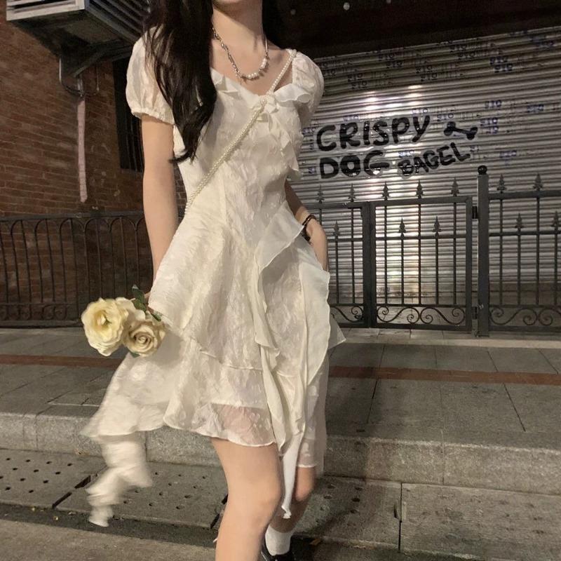 French Temperament First Love White Dress Women's Summer New Waist and Thin Pure Desire Ruffle Edge Irregular Skirt