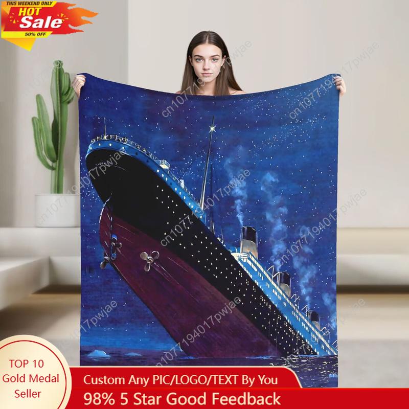 Ship Sinking Movie Fleece Blanket, Vintage Ocean Voyage Cruise Ship Print Lightweight Throw Blanket Soft Cozy Bedroom Couch Sofa 75X95CM