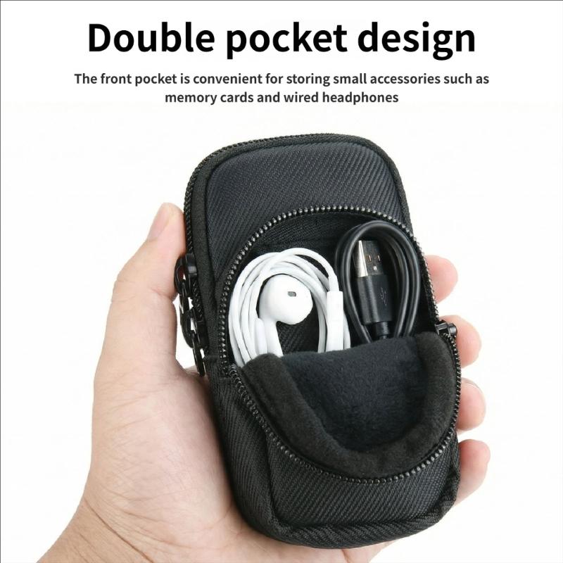 Nylon Carrying Case For MP3 Player With Double Pocket And Metal Hook Protective Storage Pouch Easy Attachment