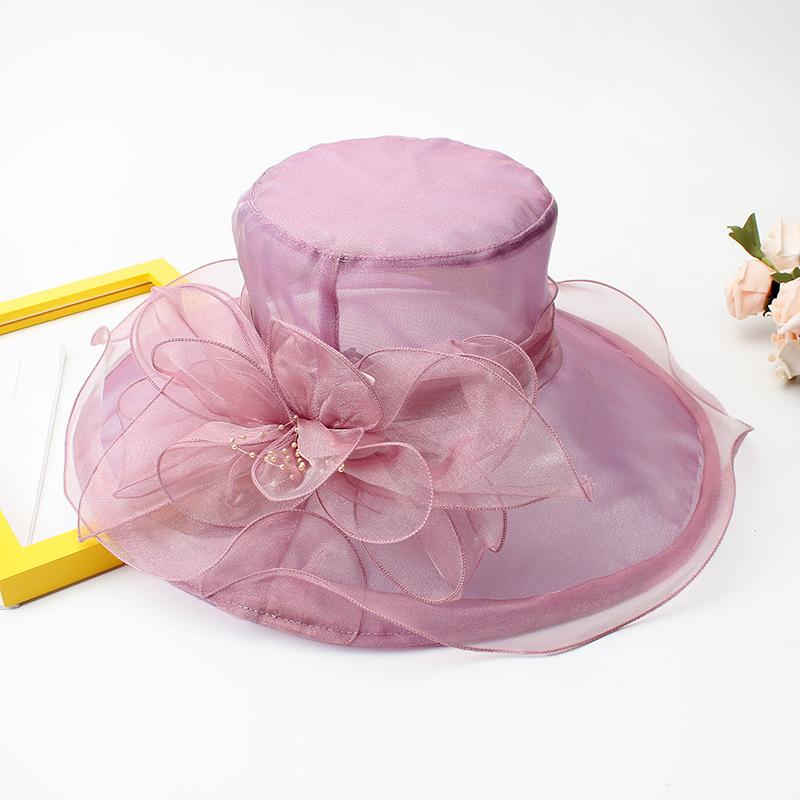 Hat Female Summer Vintage British Style Organza Flower Vacation Big Eaves Beach Sunscreen Flat Top Sun Hat