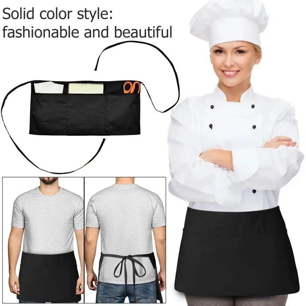 Unisex Waist Apron 3 Pockets Waiter Half Waist Apron New Short Half Waist Apron Restaurant Waiters